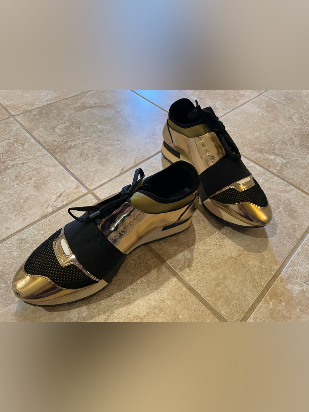 Balenciaga Gold Patent Leather, Mesh and Neoprene Race Runner Sneakers - Picture 2 of 5